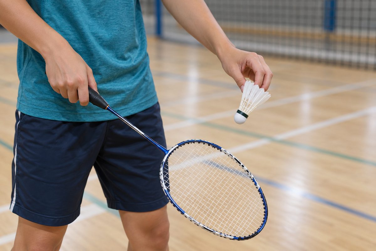 A badminton racket and shuttlecock in an indoor sports hall