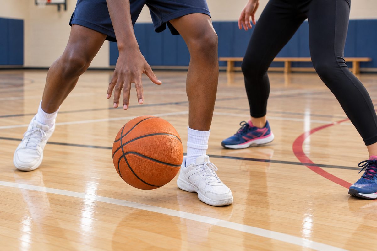 A player dribbling a basketball on an indoor sports hall floor