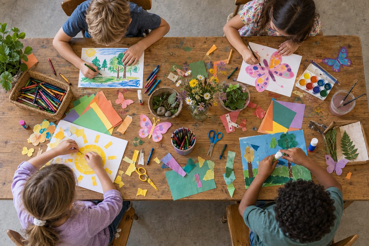 Children painting and making crafts at a table