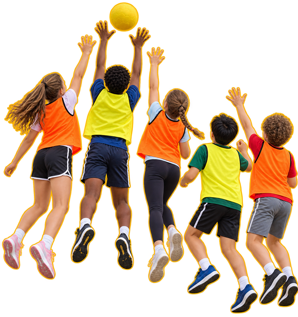 Three children jumping to reach a yellow ball, seen from behind